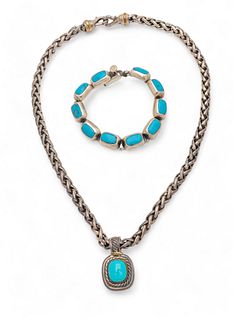 David Yurman 925 Sterling Silver Chain 16" And Mexico Bracelet W/ Turquoise Ca. 1960, L 7" 98g 2 pcs