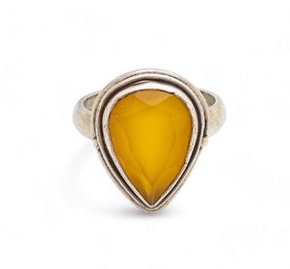 Sterling And Teardrop Citrine Lady's Ring, Size 7 Ca. 1940