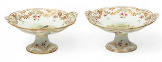 English Painted Porcelain Compotes, 'Greater Titmouse' & 'Long-Tailed Titmouse' Ca. 1900, H 4.25" W 9" Depth 8.25" 1 Pair