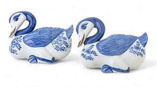 Maitland-Smith (British) Blue & White Porcelain Ducks, H 6" W 6" L 10" 1 Pair
