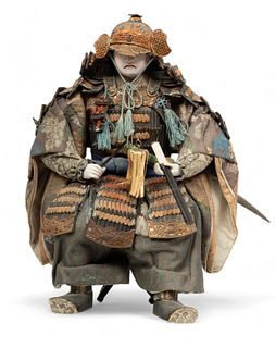 Japanese Ningyo Samurai Doll, Early 20th C., "Seated Warrior", H 16" W 12" Depth 13"