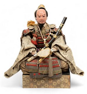 Japanese Ningyo Samurai Doll, Early 20th C., "Kneeling Figure,", H 16" W 16" Dia. 8"