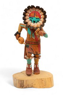 David Roy (American, Hopi, B. 1965) Hand Painted Carved Cotton Wood Kachina "Hopi Sunface" H 14" W 5" Depth 5"