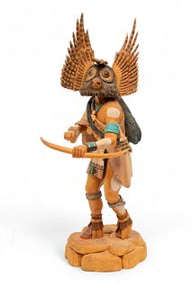 Cecil Calnimptewa (American, Hopi, B. 1950) Hand Painted Carved Wood Kachina "Great Horned Owl,", H 16" W 6" Depth 6"
