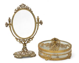 Vanity Brass Mirror & Dresser Box, Ca. 1940, H 10.5" W 7.25" Depth 3" 2 pcs
