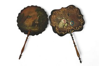 Chinese Chippendale Style Painted & Lacquered Wood Fans, Ca. 1870, H 16" W 9.5"