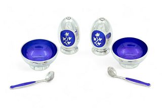 Denmark Sterling Silver And Enamel Open Salts And Pepper Shakers, Salt Spoons Ca. 1950, "In 2 Boxes", H 2" 3.6t oz 6 pcs