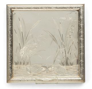 Pairpoint Manufacturing Company (American) Silver Plated Tray, Heron & Water Lilies, Ca. 1880, H 13" W 13"