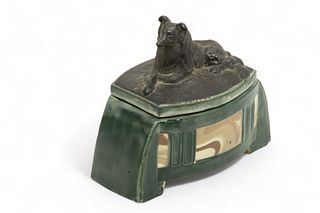 Austrian Art Deco Ceramic Box, German Shepherd on Cover Ca. 1930, H 6" L 7.2"