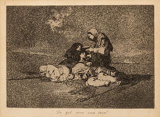 Francisco Goya (Spanish, 1746-1828) Etching with Burnished Aquatint, 1810-20, "De Que Sirve Una Taza?", H 5.75" W 7.875"