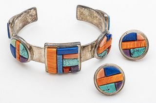 Lynol Yellowhorse (Native American, Navajo, 1962-2003) Sterling Silver & Stone Cuff Bracelet & Earrings, W 1" L 2.5" 1.9t oz 2 pcs