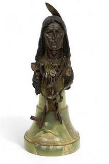 After Max Bachman (American/ German, 1862-1921) Bronze Bust Ca. 1920, "American Indian", H 13"