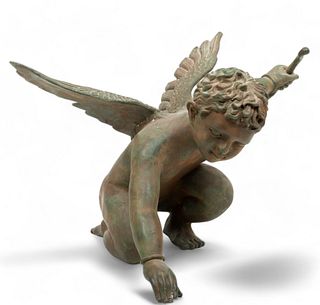 Patinated Bronze Garden Sculpture, Cupid Monitoring Shot Arrow, 20th C., H 15" W 24" Depth 18"