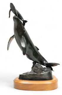 Randy Puckett (American, B. 1946) Bronze Sculpture 1998, "Whale And Calf Surfacing", H 16.25" W 4" L 7"