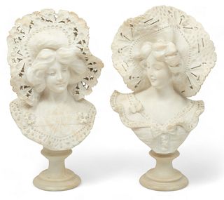 Adolfo Cipriani (Italian, 1880-1930) Carved Marble Busts Ca. 1900-1910, "Women with Floral Bonnets", H 16" 1 Pair