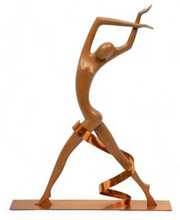 Franz Hagenauer (Austrian, 1906-1986) Mid Century Modern Wood & Copper Figural Sculpture, H 22" W 3.5" L 17.25"