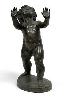 French Bronze Garden Sculpture Cherub Ca. 1900, H 24" W 14"