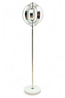 Style of Verner Panton (Danish, 1926-1998) Adjustable Moon Chromed Louvered Metal Floor Lamp, with Marble Base, H 67" Dia. 18"