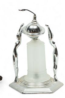 Dereco Classics Art Deco Style Chromed Metal And Frosted Glass Lamp Base, Ca. 1990s, H 13.5" Dia. 10.5"