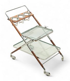 Cesare Lacca (Italian) Chromed Metal & Teak Wood Bar Cart, Ca. 1960, H 26" W 17" Depth 26"