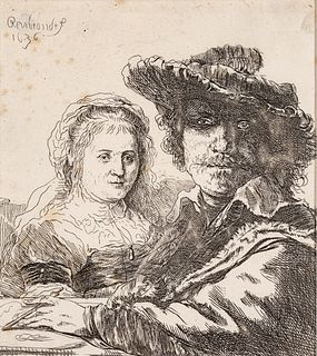 Rembrandt Van Rijn (Dutch, 1606-1669) Etching with Drypoint on Thin Laid Paper, 1636, "Self Portrait with Saskia", H 3.87" W 3.6"