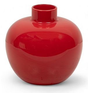 Italian Red Art Glass Vase, 1981, H 8.5" Dia. 8"