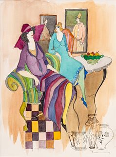 Itzchak Tarkay (Israeli, 1935-2012) Watercolor And Ink on Paper "Two Seated Women", H 16" W 11.5"