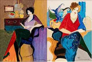 Itzchak Tarkay (Israeli, 1935-2012) Serigraphs in Colors on Wove Paper "Memorie; Intermezzo", Group of Two H 15" W 10.75"