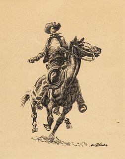 William Oberhardt (American, 1882-1958) Ink Drawing on Cardstock, "Cowboy on Horseback"