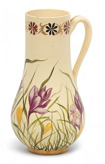 Rookwood Pottery (American) Hand-painted Earthenware Pitcher, Budding Irises, 1886, H 11" W 5.5" L 5.75"