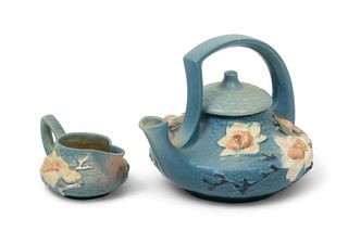 Roseville Pottery (American) 'Magnolia' Teapot And Creamer, Ca. 1930, H 7.75" W 8" L 10.5" 2 pcs