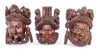Chinese Hand Carved Rosewood with Inset Glass And Bone Masks, Early to Mid 20th C., "Three Emperors", H 10.5" W 7.5" Depth 4.25" 3 pcs