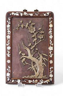 Chinese Carved Hardstone Plaque with Inlaid Rosewood Frame, Ca. Early to Mid 20th C., "Cherry Blossom", H 11" W 7.5"