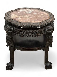 Chinese Rosewood & Rouge Marble Top Table, Ca. 1900, H 22" Dia. 22"