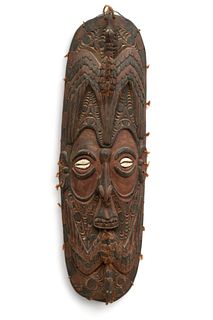 Papua New Guinea, Sepik River Region, Carved Wood Ancestral Mask, Ca. Mid 20th C., H 50" W 15"
