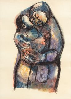 Godfrey Ndaba (South African, B. 1947) Pastel on Paper, "Mother And Child.", H 22.5" W 12.5"