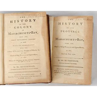 [Americana - Massachusetts Colony] First History of Massachusetts by Governor Hutchinson, 2 Volumes Published in Boston, 1764
