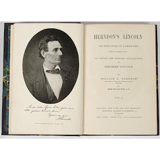 [Americana - Abraham Lincoln] Herndon's Lincoln, 1st Edition in 3 Volumes, Fine Binding; with Abraham Lincoln by Isaac Arnold