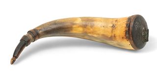American Carved Powder Horn, Ca. 18th C., L 12"