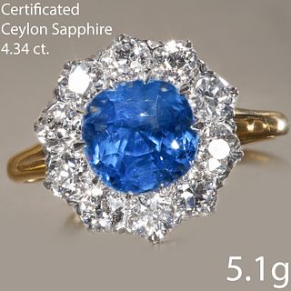 CERTIFICATED CEYLON SAPPHIRE AND DIAMOND CLUSTER RING
