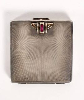 Gorham Sterling Square Art Deco Compact w/ Rubies