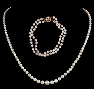 Pearl Bracelet with 14kt. Diamond Clasp and Pearl Necklace