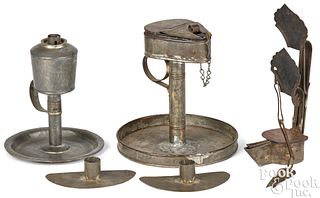 Tin lighting, 19th c., to include fat lamps, etc.