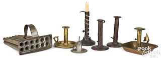 Lighting, to include two hogscraper candlesticks
