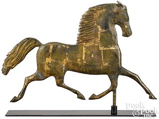 Swell-bodied copper trotting horse weathervane