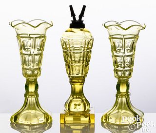 Pair of canary yellow glass thumbprint vases