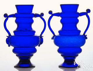 Pair of Murano engraved blown glass cobalt vases