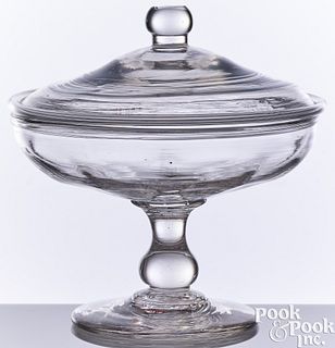 Blown pattern molded clear glass compote