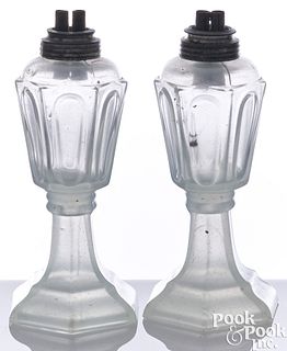 Pair of opalescent milk glass whale oil lamps