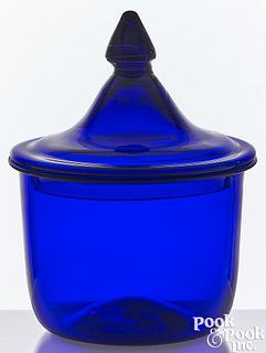 Blown cobalt glass bowl and cover, 19th c.